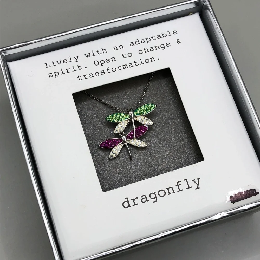 Silver plated dainty chain colorful crystal sparkling dragonfly necklace NEW.
